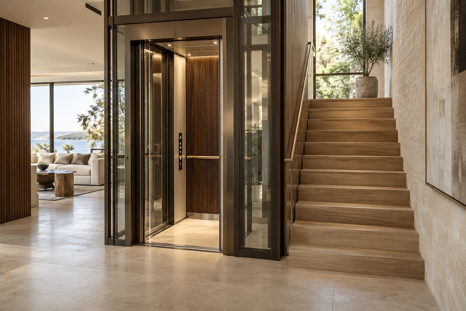 Architectural concept of a glass elevator beside oak stairs in a modern home